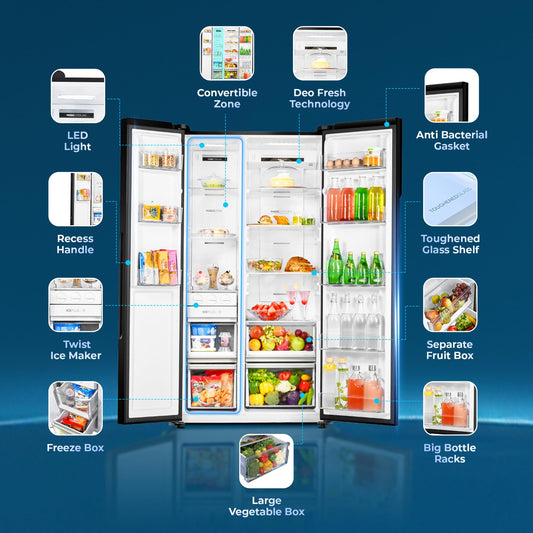 Haier 602L 3Star 2 Door Premium Glass Side by Side Frost Free Refrigerator|100% Convertible|Wi-Fi|Expert Inverter Technology|Digital Display Panel|Triple Twist Ice Maker (HRS-682KGU1, Black Glass)