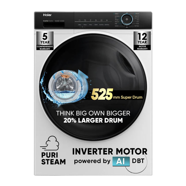 Haier 8 kg 5 Star Powered by AI-DBT with PuriSteam, 525mm Super Drum Fully Automatic Front Load Washing Machine (HW80-IM12929C, Inverter with In-Built Heater, White)