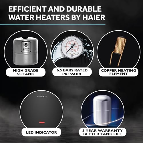 Haier BlackVolt Instant Water Heater 3 Litre with 3kW | Fast Heating | Copper Heating Element | 6.5 Bar Pressure | Instant Geyser for Kitchen & Bathroom | 5-Year Tank Warranty | EI3V-BLACKVOLT