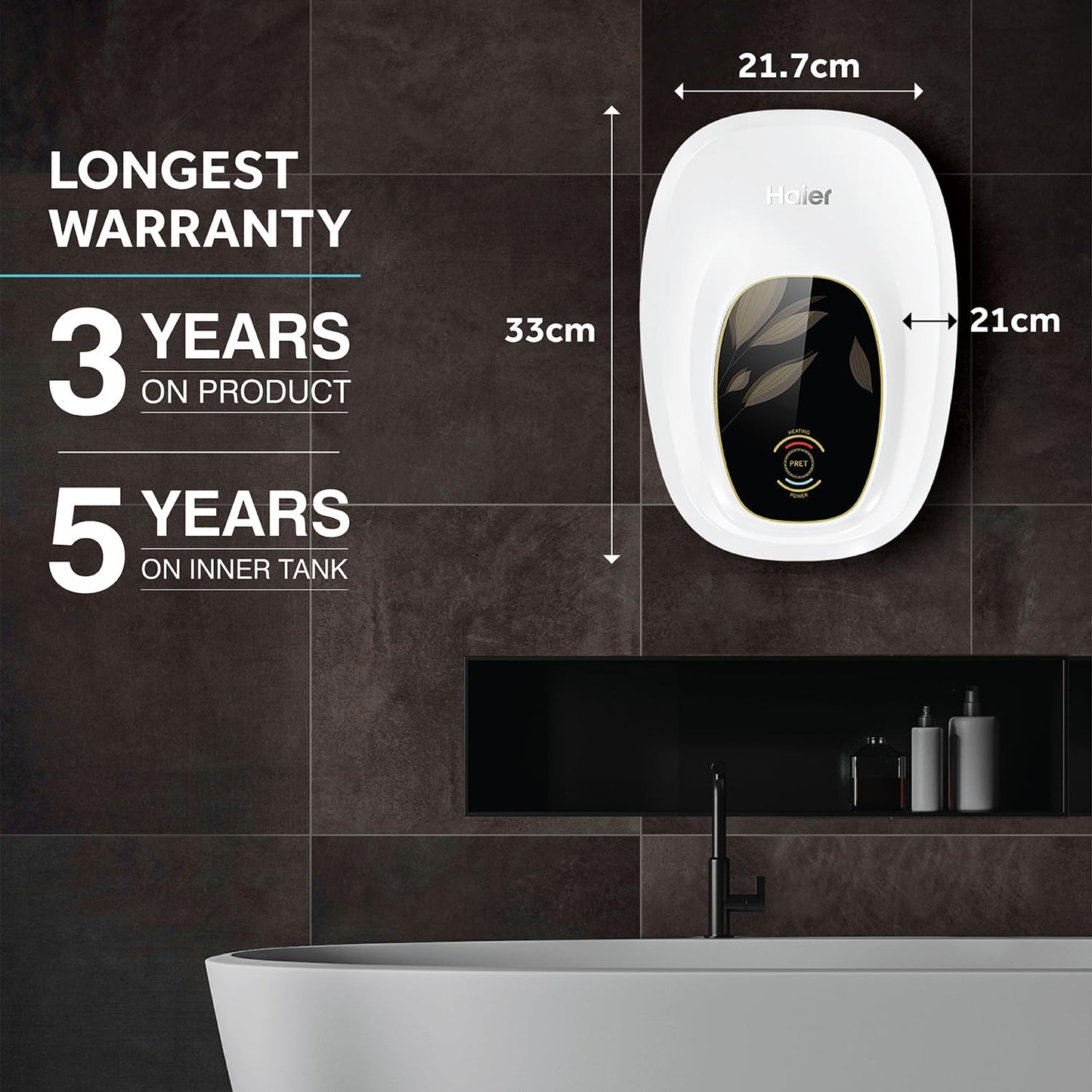 Haier Pret 3 Litres Instant Water Heater (Geyser) With Glasslined Tank| 3000W Fast Heating Element| Rust Proof Body| 5 Years Tank Warranty| 3 Years Comprehensive Warranty| White, Wall