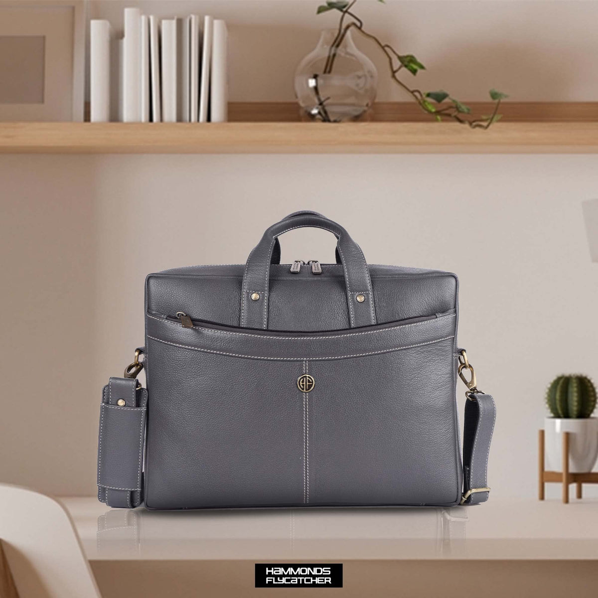 HAMMONDS FLYCATCHER Genuine Leather Office Bag for Men, 15.6 Inch Professional Laptop Bag for Men, Adjustable Strap and Multiple Compartments, Leather Bag for Men - 1 Year Warranty - Graphite Grey