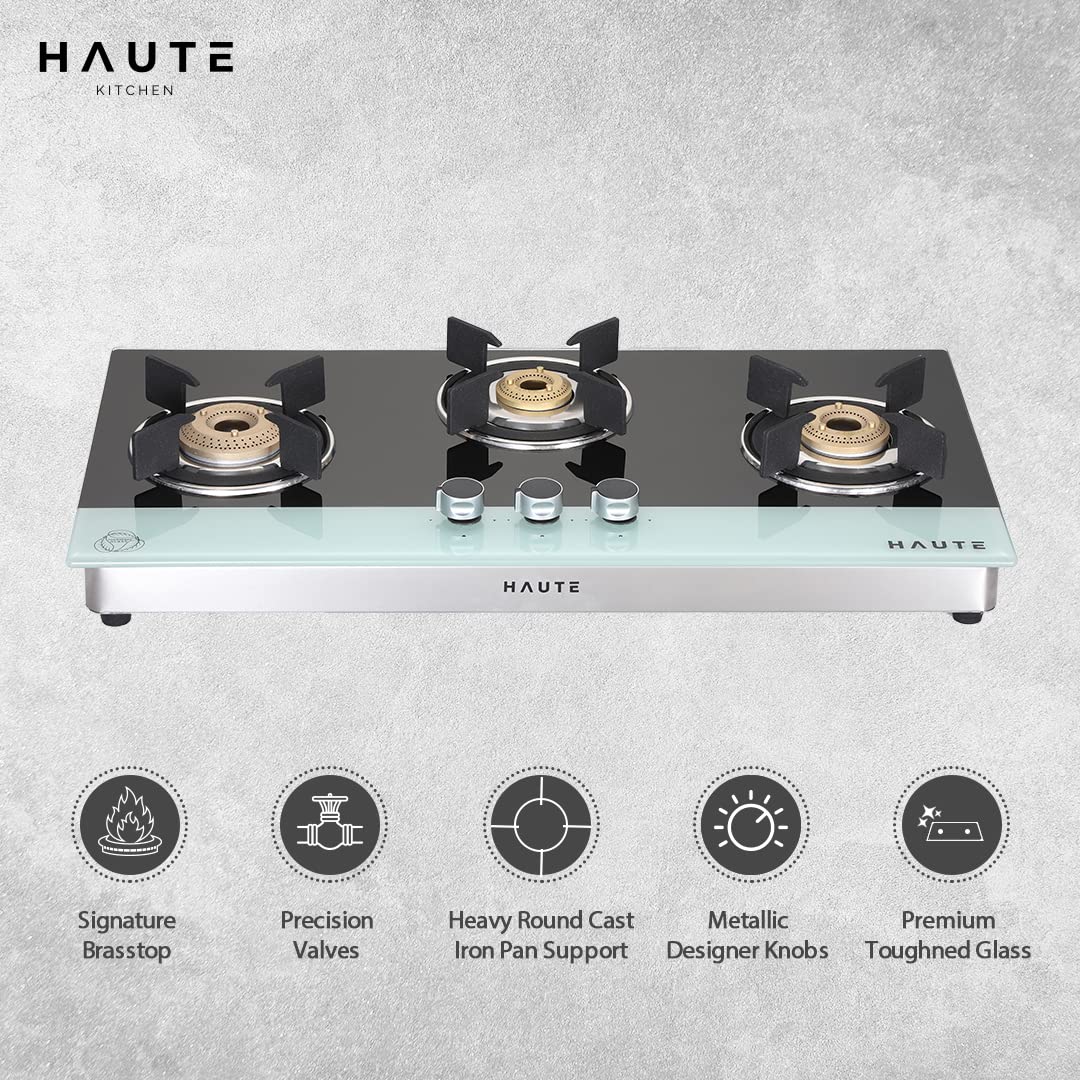 Haute Kitchen Evoque Series Black&White 3 Burner Cooktop|Manual Ignition Gas Stove|Glass Top -1 Jumbo,1 Medium,1 Small -Freestanding Toughened Glass Premium Design -(Tempered Glass,2 Year Warranty)