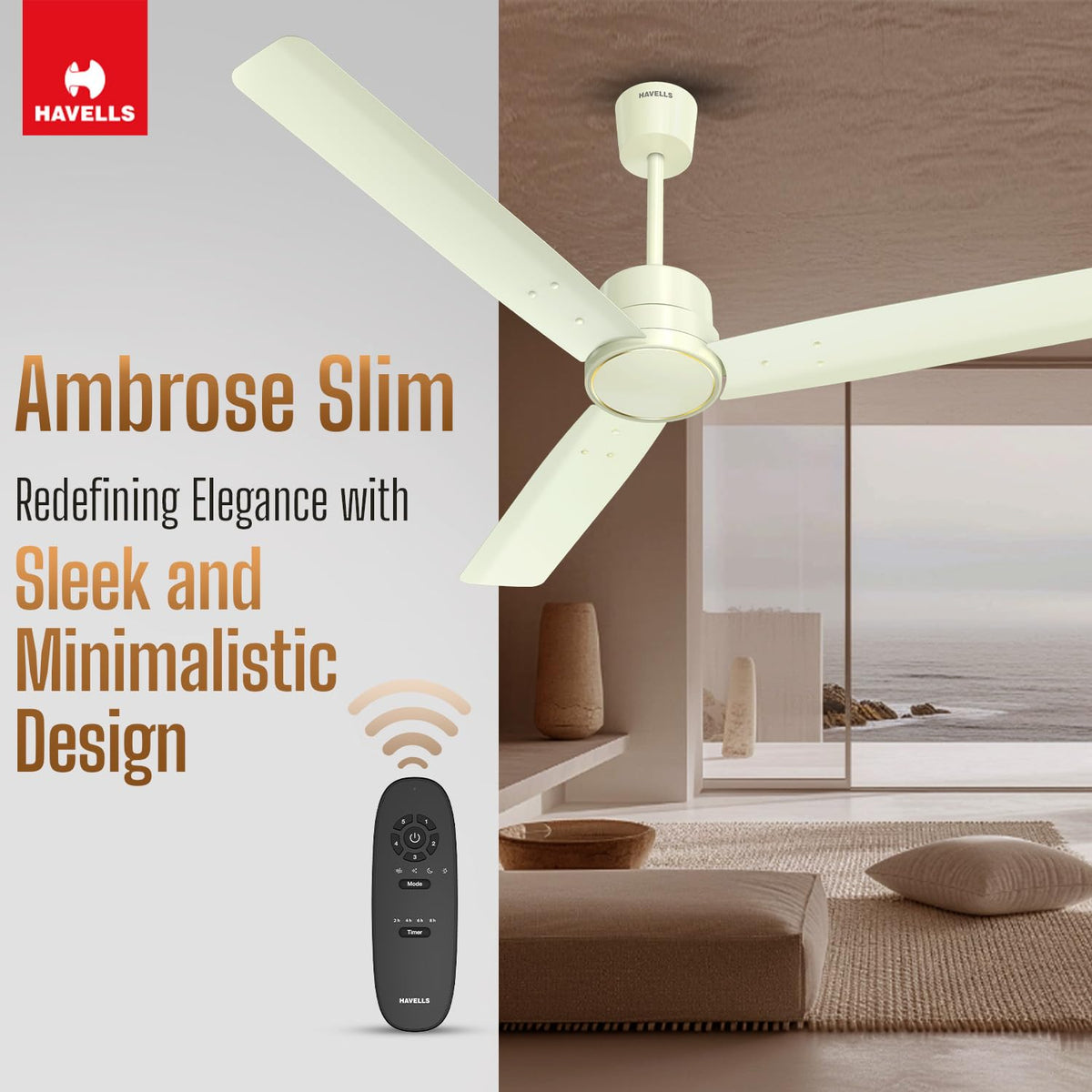 Havells 1200mm Ambrose Slim BLDC Ceiling Fan | Premium Finish Decorative Fan, Remote Control, High Air Delivery | 5 Star Rated, Upto 60% Energy Saving | 2+1* Year Warranty | (Pack of 1, Bianco)
