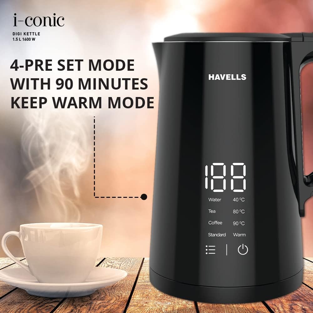 Havells I-Conic 1.5 Litre Digi Kettle with double wall and 304 stainless steel tank (Black), 1600 Watts