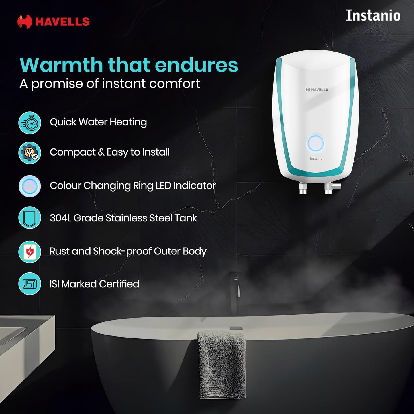 Havells Instanio 3L Instant Water Heater(Geyser)| Temp. Sensing LED Indicator| Rust & Shock Proof Body| ISI Marked|With Flexible Pipes|Warranty: 5 year on Inner Tank| High Rise Compatible (White Blue)