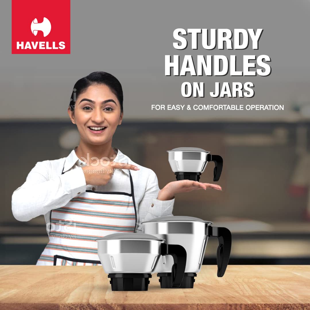 Havells MIXWELL 500 W 3 Jar Mixer Grinder, 304 SS Blades I High Speed 21000 RPM Motor, Heavy and Wider mouth SS Jars, All Jars with Handle (Black and Grey)