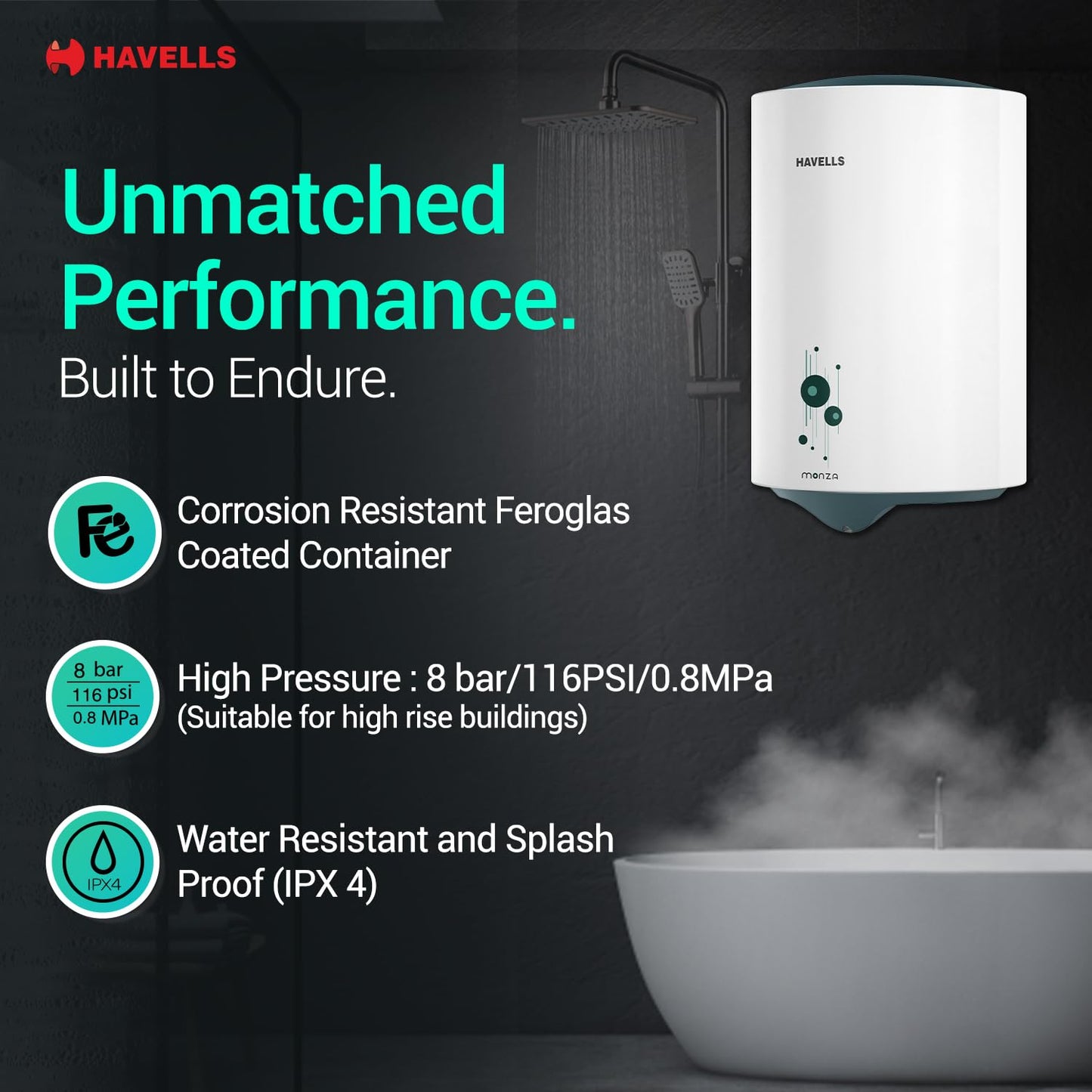 Havells Monza 10 Litre Storage Water Heater (Geyser) | Faster heating | Glass Coated Anti Rust Tank & Heavy Duty Heating Element | Warranty: 5 Year on Tank | High Rise Compatible
