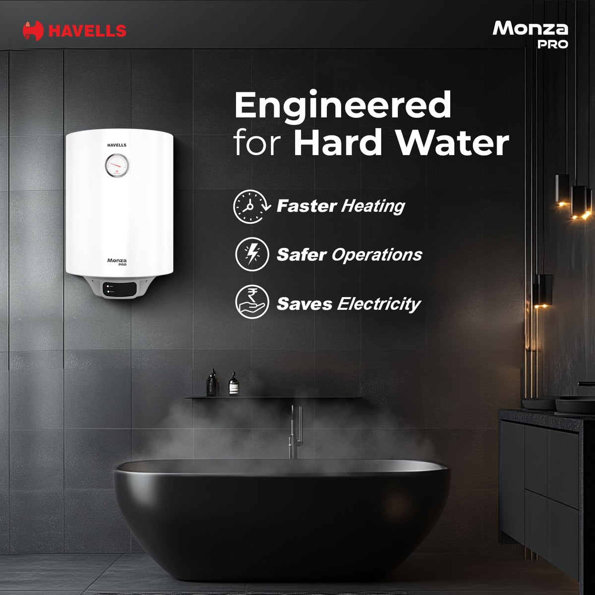 Havells Monza Pro 25L Storage Water Heater(Geyser)|Faster Heating|Safer to use|Saves electricity|Engineered for Hard Water|Endurashield Coated Anti Rust Tank|Whirlflow Technology|High Rise suitable