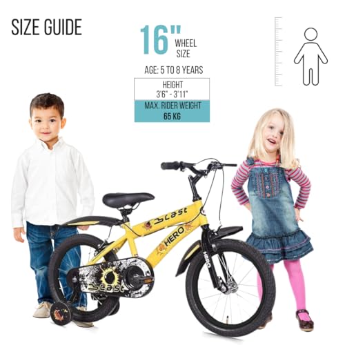 Hero Blast 16T Kids Cycle with Training Wheels and Mudgaurds | Yellow | Easy Self-Assembly | Cycle for Age 4 to 8 Years Boys and Girls 12 Inches, Rigid | 95% Assembled Cycle(Ready to Ride in 5 Mins)