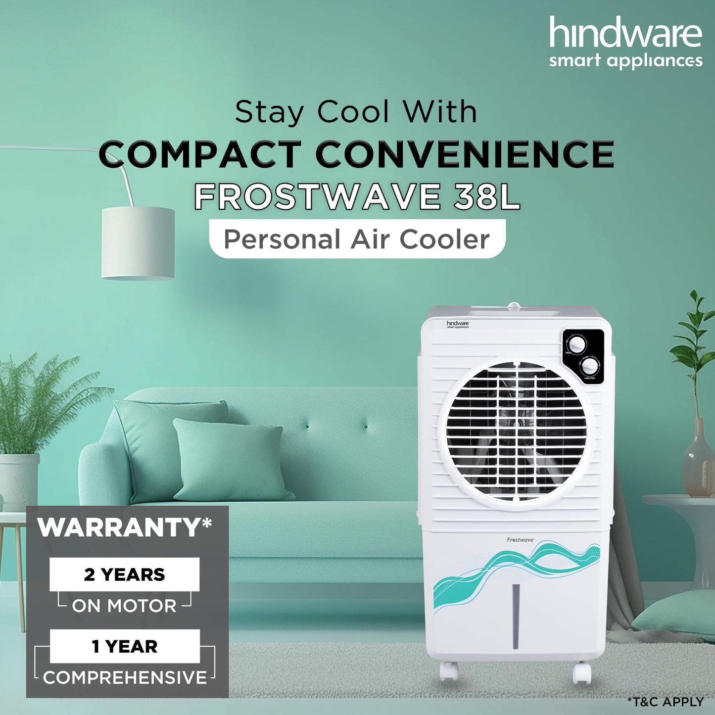 Hindware Smart Appliances | Frostwave 38L Personal Air cooler | Fan Based | 12" Fan Blade and Ice Chamber | White & Grey