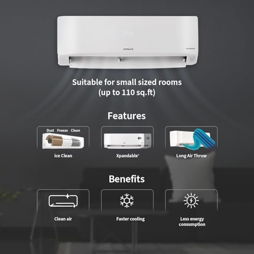 Hitachi 1 Ton Class 3 Star, 4-Way Swing, ice Clean, Xpandable+, Inverter Split AC (100% Copper, Dust Filter, 3400SXL RAS.D312PCBIBS, White)