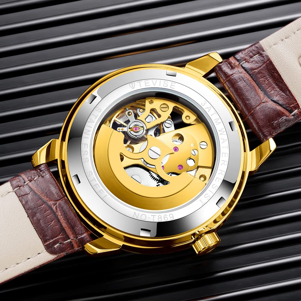 Huaishu Men Watches Au ATIC Mechanical Skeleton Diamond-Studded Watch Genuine Leather Band L Nous Hands 3ATM Waterproof Male Fashion Wristwatch White