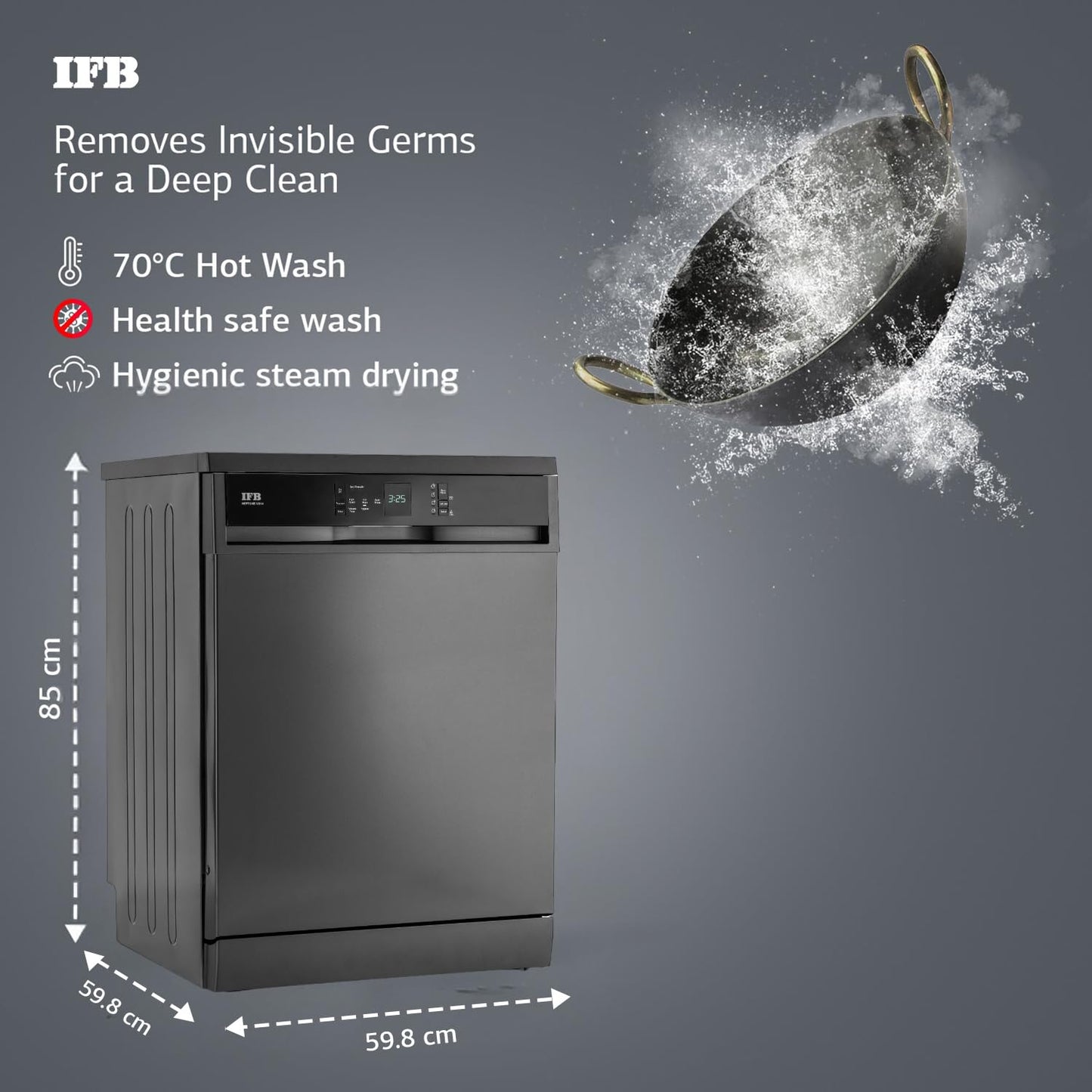 IFB 14 Place Setting 70 Degree Hot Wash Dishwasher (Neptune VX14, Grey, 360 Degree Spray Arm, Washes from Kadhai to Crockery)
