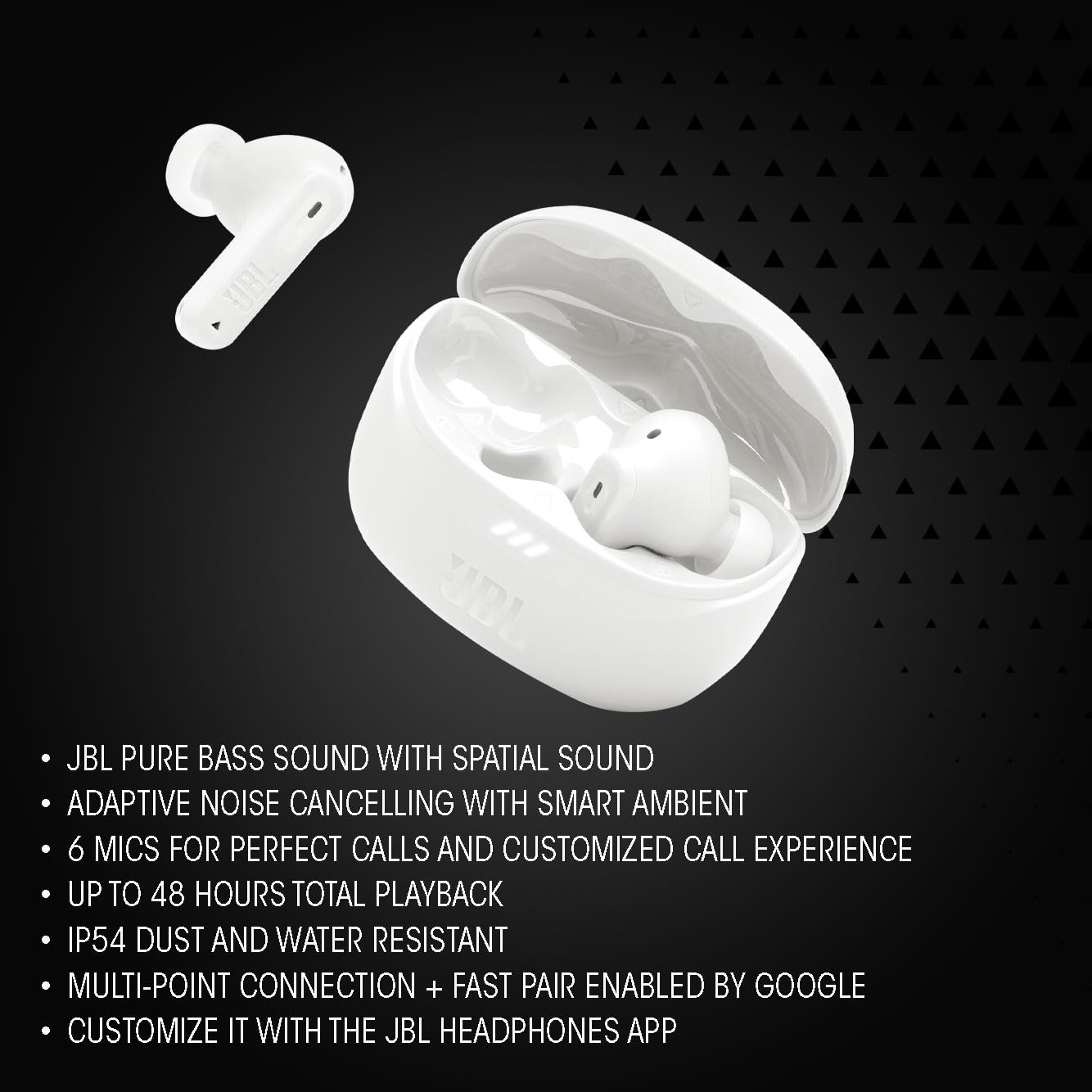 JBL New Launch Tune Beam 2 TWS, ANC Earbuds, 48Hr Playtime,Dual Connect, Ambient Aware, Relax Mode, Customized EQ with Headphones App, 6 Mics for Clear Calls, Spatial Sound, Personi-Fi 3.0 (White)