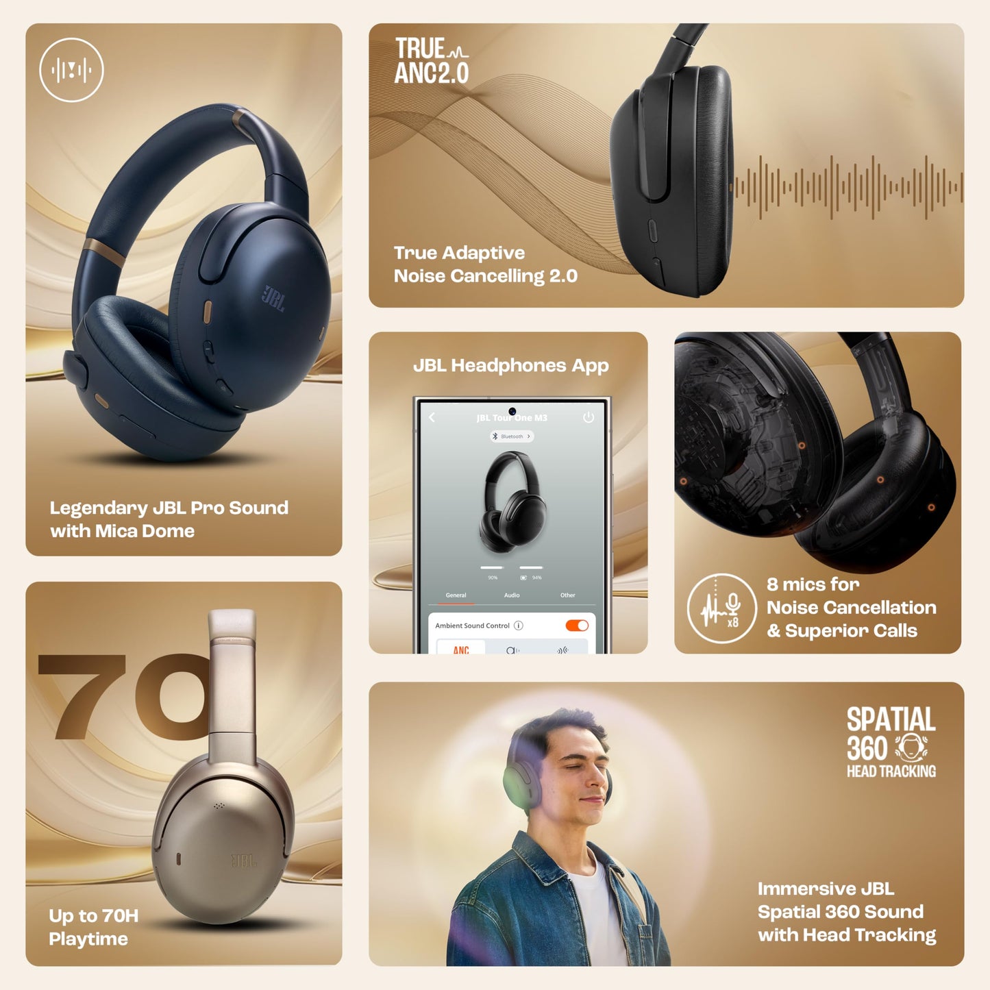 JBL Tour One M3 Award Winning Wireless Over Ear Headphones with ANC 2.0, Hi-Res LDAC Audio,Spatial 360 Sound, 8 Mics - Perfect Calls with Crystal AI,70Hrs Playback, Latte