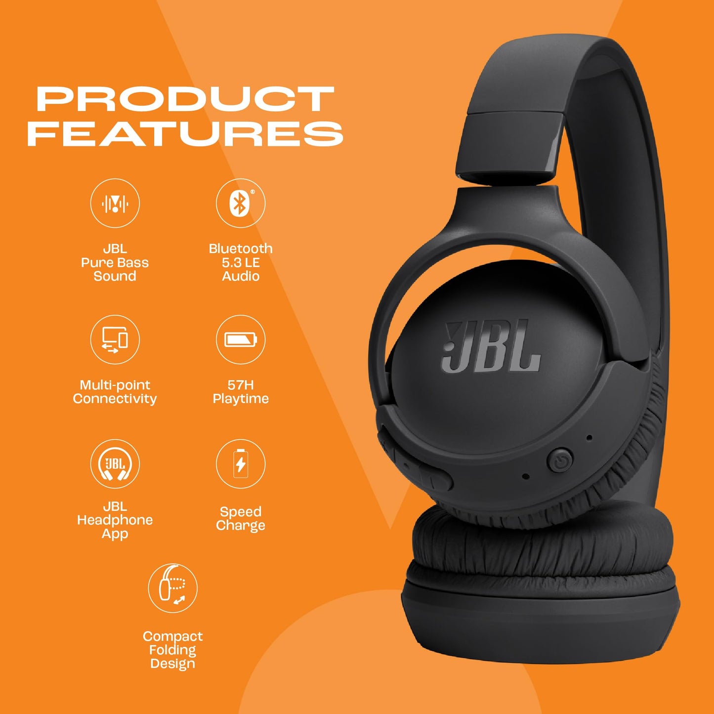 JBL Tune 520BT Wireless Headphones with Mic, Upto 57 Hrs Battery, Pure Bass Sound, Speed Charge, Customizable Bass with Headphones App, Lightweight, Bluetooth 5.3 (Black)