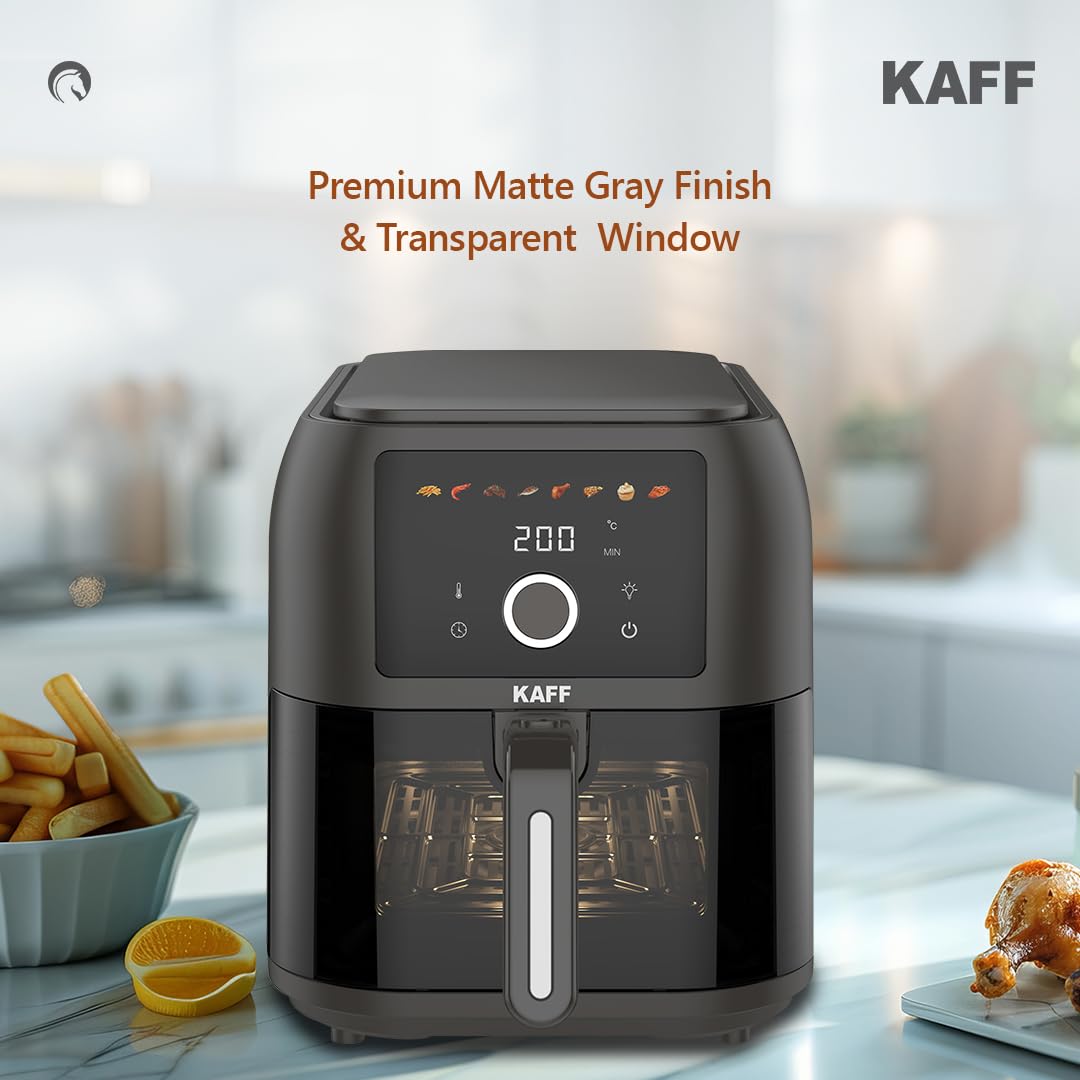 KAFF KFR8 Air Fryer 8L, 1700W with Digital Control | Fry, Bake, Roast, Defrost, Grill & Reheat with less Oil and Cholesterol | 8 Preset Control, LED Display & Touch Control, Shake/Flip Reminder