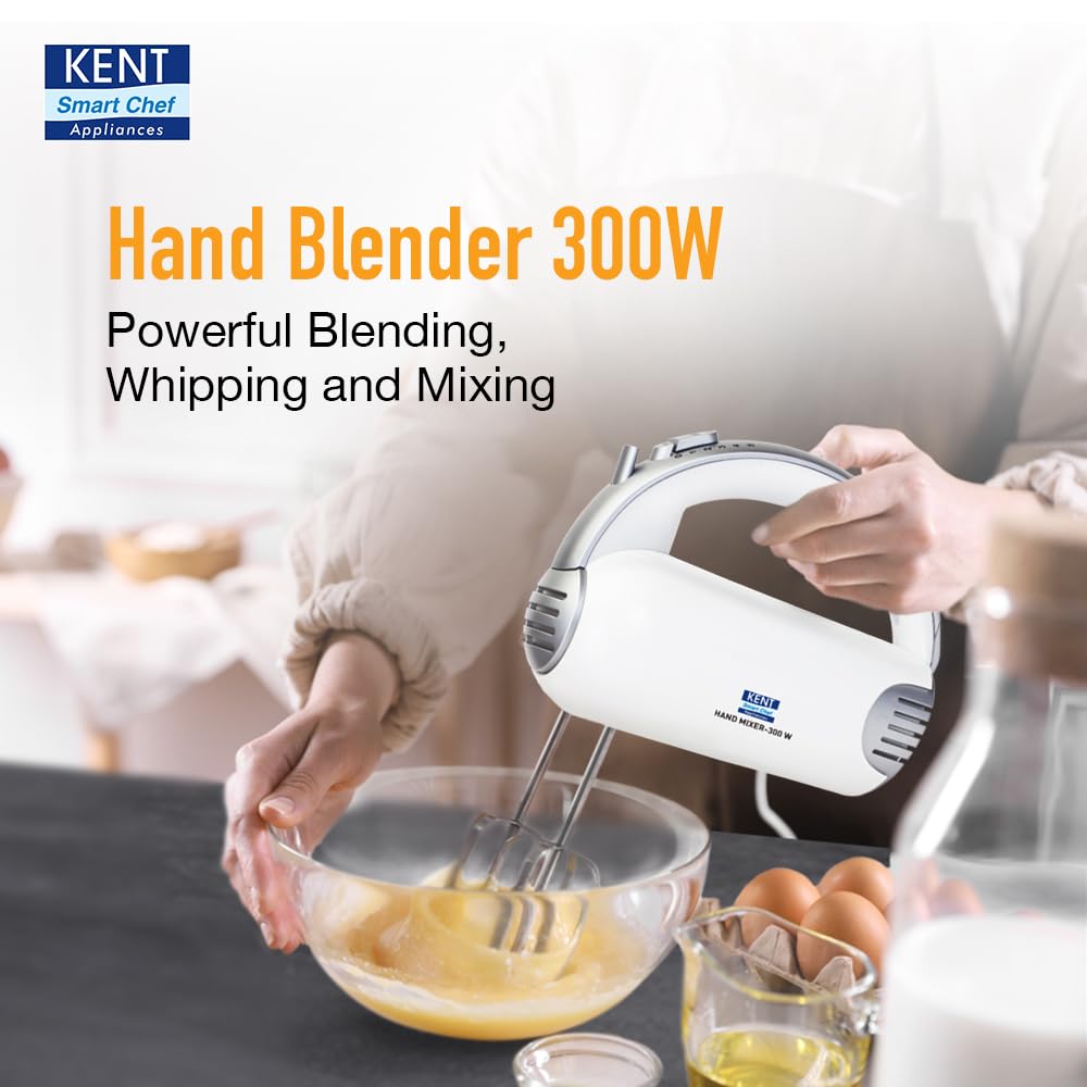 KENT 16051 Hand Blender 300 W | 5 Variable Speed Control | Multiple Beaters & Dough Hooks | Turbo Function, Plastic, 300 Watts