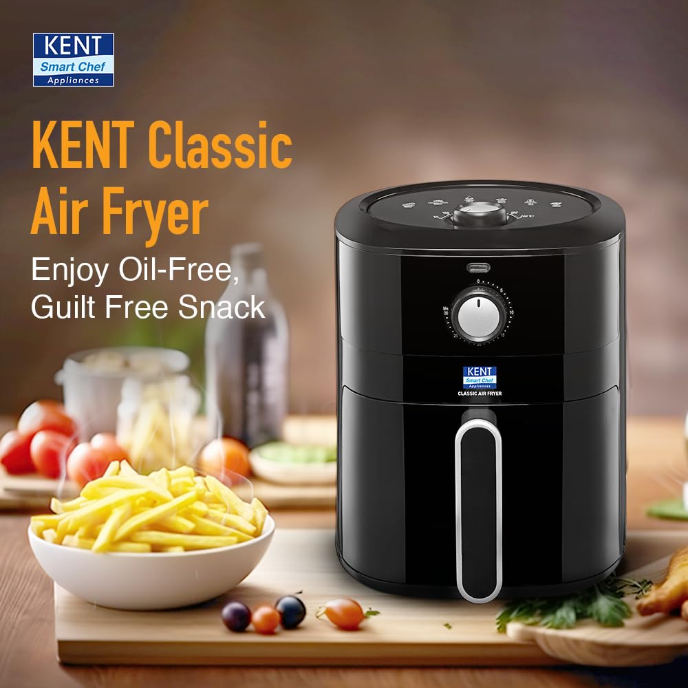 KENT Classic Air Fryer | 1300W Power & 4L Capacity | Fry, Grill, Roast & Bake | Auto Cut-Off | Up To 80% Less Oil Usage | High Temperature & Uniform Heating | Black