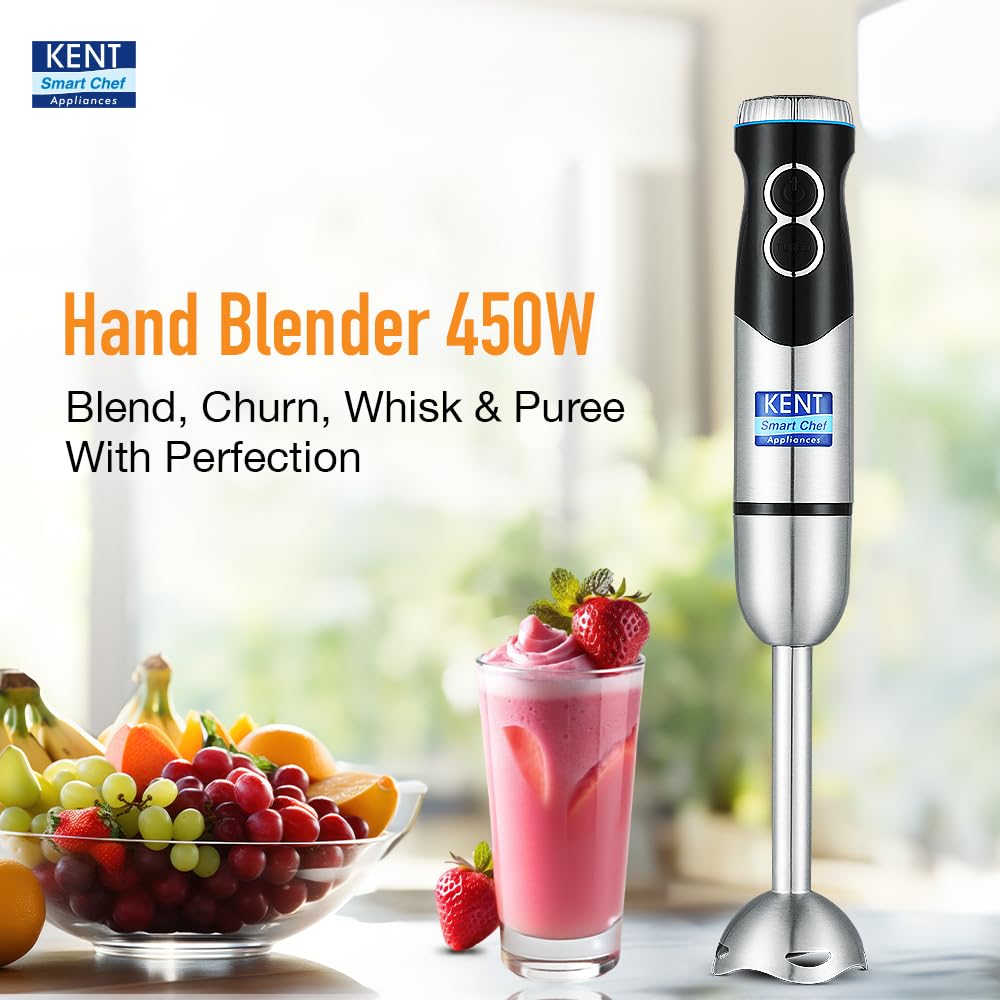 KENT SS Hand Blender 450W | Variable Speed Control | Turbo Switch For Fast Blending | Detachable Shaft For Easy Cleaning | Hot & Cold Blending | Low Noise Dc Motor - Stainless Steel, 450 Watts, Silver
