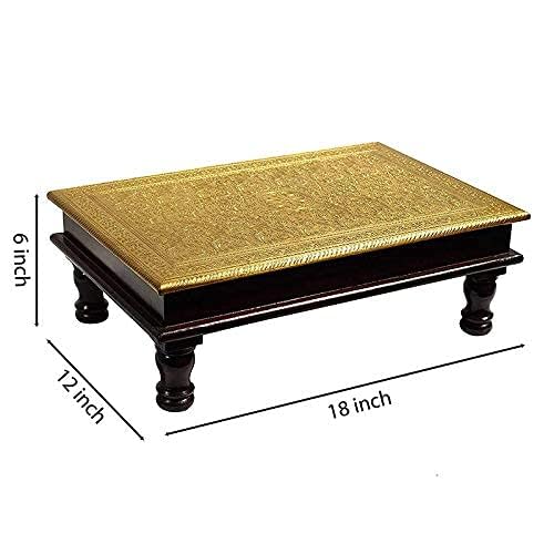 Kamdhenu art and craft Wooden Chowki | Floral Brass Fitted Decorative Bajot for Sitting Pooja Temple 12 x18
