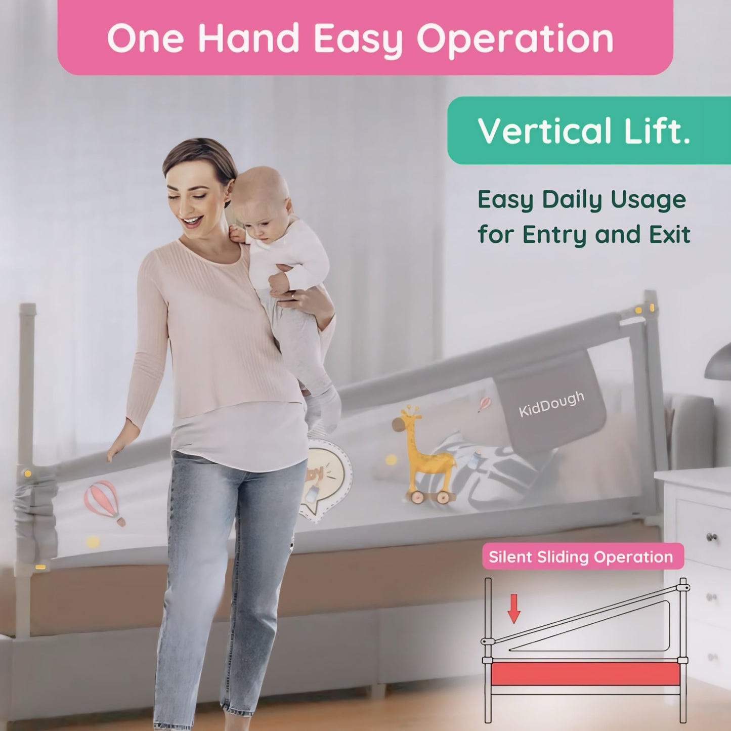 KidDough Bed Rail Guard for Kids Safety 6ft - 1 Side, Grey | Bed Rail for Baby Safety, Adjustable Height, Foldable Safeguard for Baby Proofing