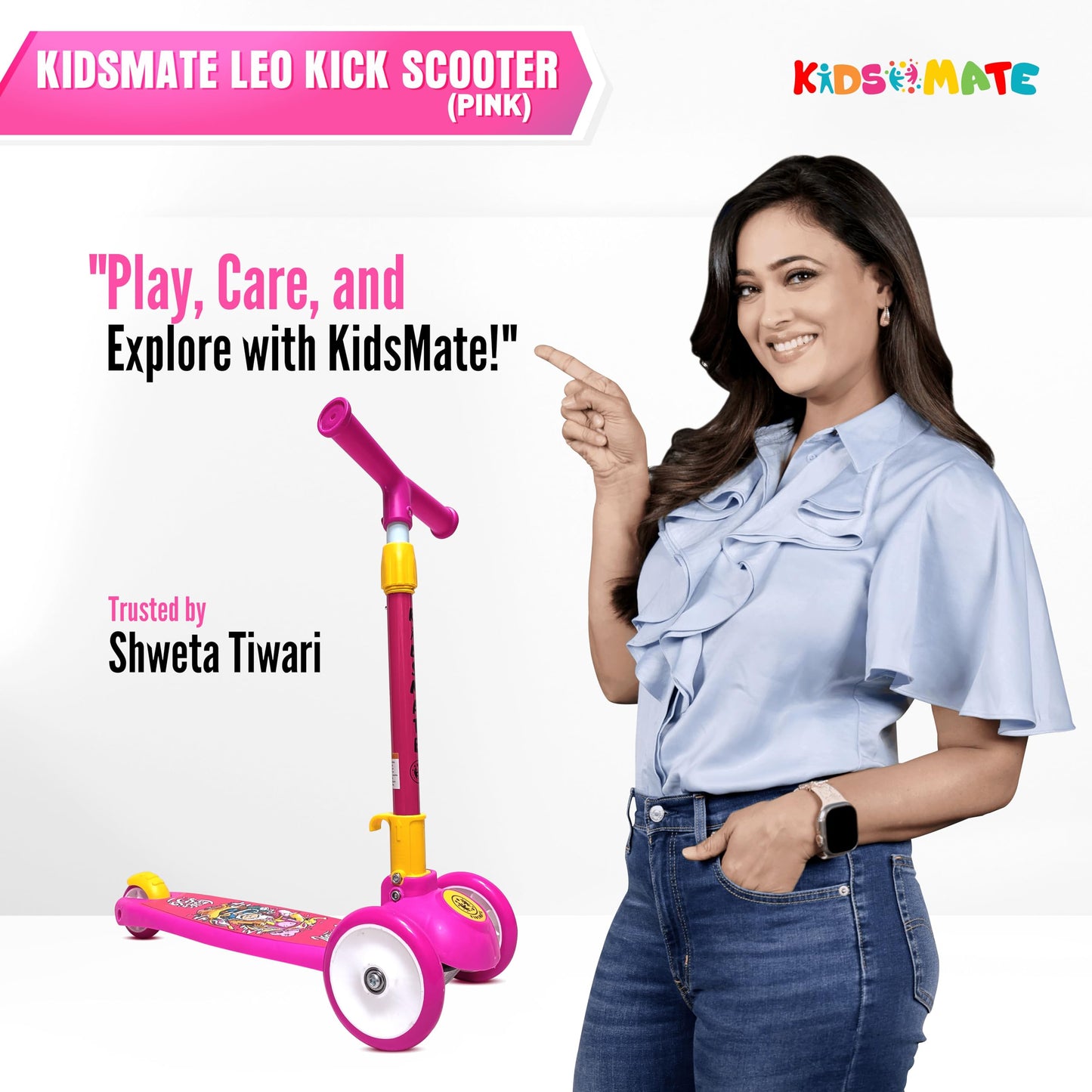 Kidsmate Leo Kick Scooter for Kids, 4 Adjustable Height Scooter, Foldable & Attractive PVC Wheels with Rare Brakes for Kids Age Upto 3+ Years (Pink)