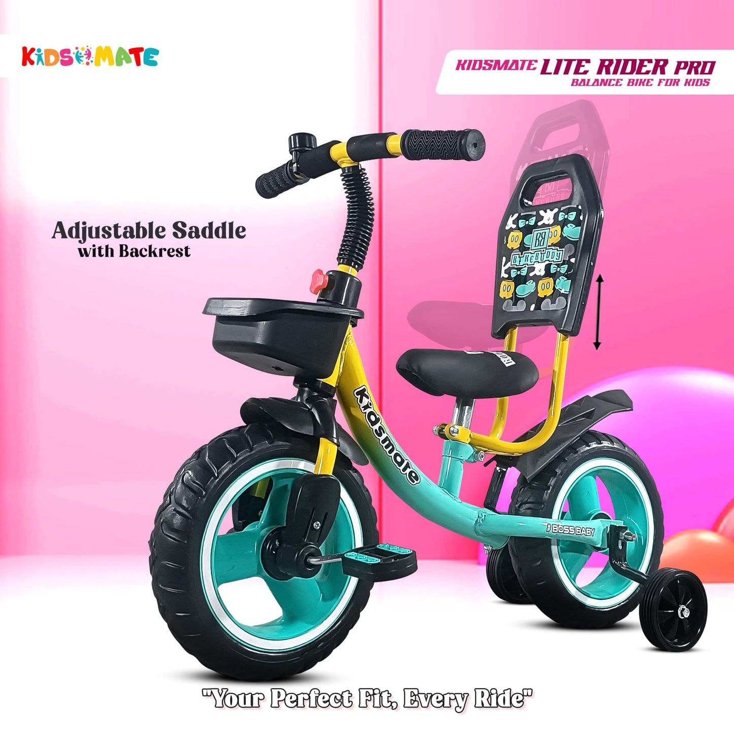 Kidsmate Lite Rider Pro Balance Cycle for Kids - Kids Cycle with Adjustable Seat & Backrest | Bell with Durable Training Wheels & EVA Tires | Baby Balance Bike Perfect for Ages 1-4Y (Sea Green)