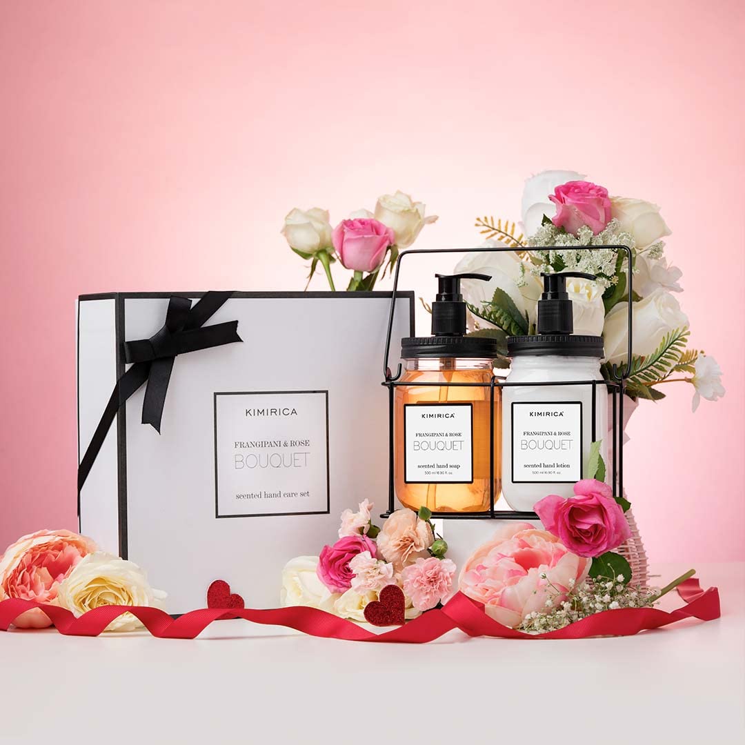 Kimirica Bouquet Hand wash Hand Lotion Duo set with Metal Caddy | Goodness of Frangipani and Rose, 100% Vegan & Paraben Free | Long Lasting fragrance | Luxury Gift set | Gift hamper | Premium Packaging (500ml x 2)