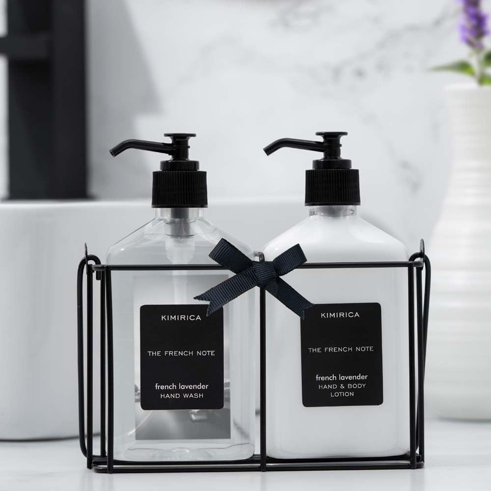 Kimirica Gift Set For Boyfriend,Girlfriend,Husband & Wife French Note Hand Wash Hand Lotion Duo set with Metal Caddy| Lavender luxury Gift Set for Women & Men | (270mlx2)