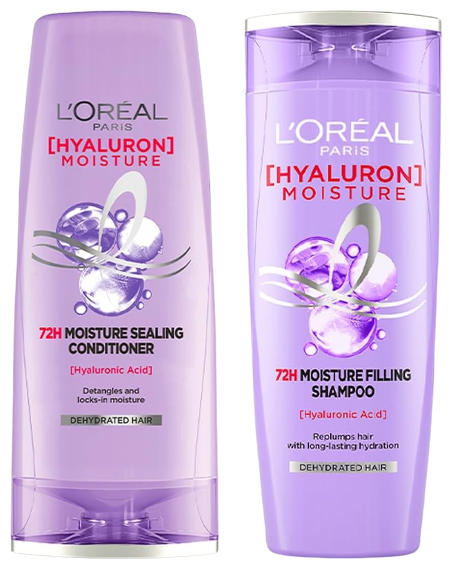 L'Oreal Paris Hyaluron Moisture 72H Moisture Filling Shampoo | With Hyaluronic Acid | For Dry & Dehydrated Hair 340ML + Hyaluron Moisture Conditioner 340 mL, Regime Pack of 2