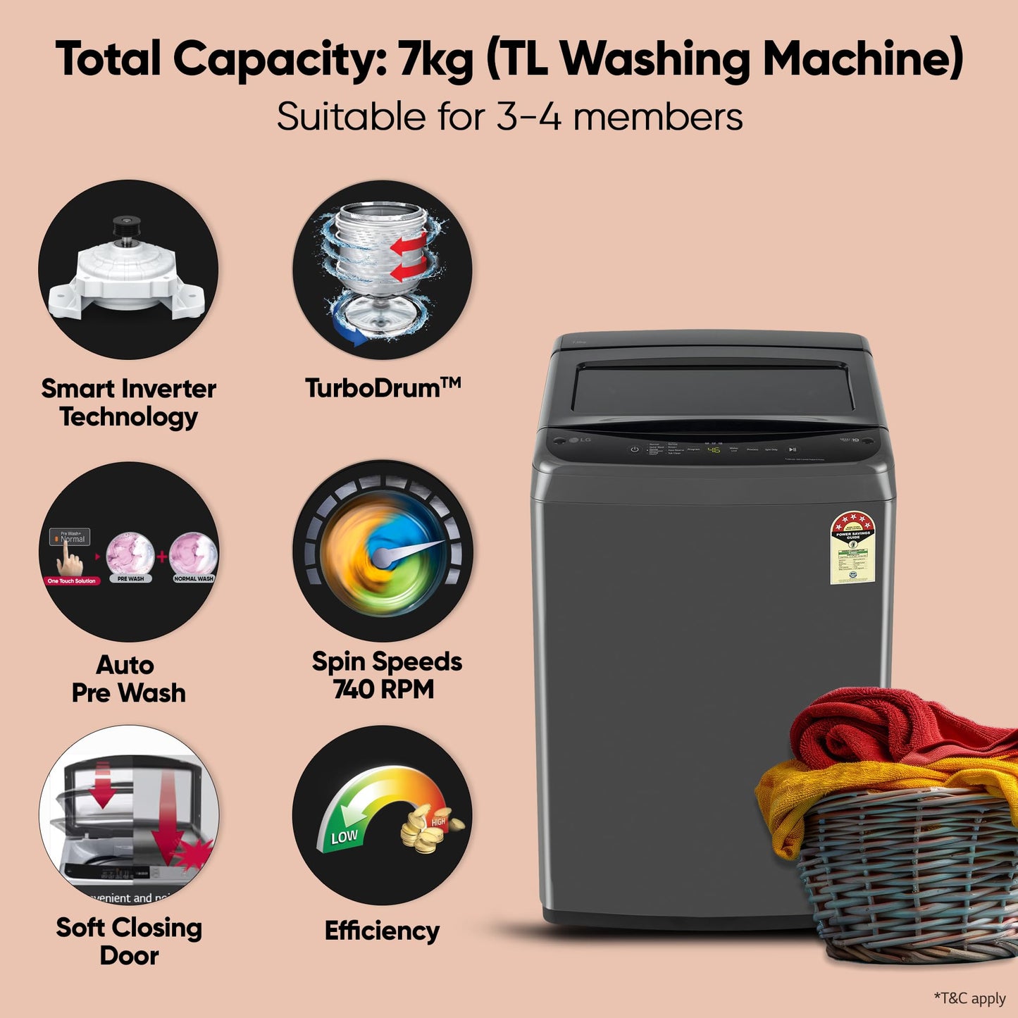 LG 7 Kg 5 Star Smart Inverter Technology Fully Automatic Top Load Washing Machine (T70VBMB1Z, Auto Prewash, Turbodrum, Stainless Steel drum, LED Display, Smart Diagnosis Middle Black)