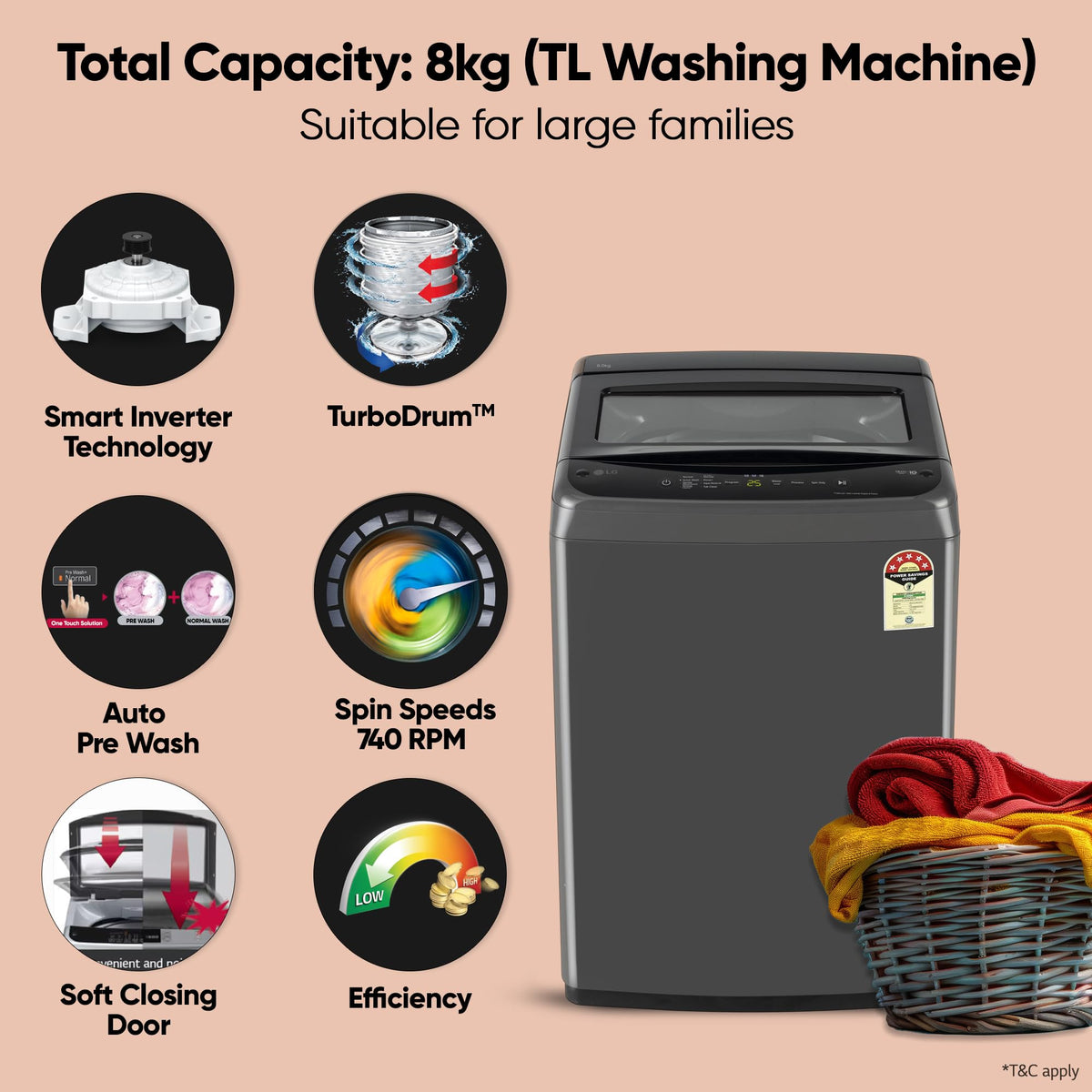 LG 8 Kg 5 Star Smart Inverter Technology Fully Automatic Top Load Washing Machine (T80VBMB4Z, Turbodrum, Auto Prewash, Stainless Steel drum, LED Display, Smart Diagnosis, Middle Black)