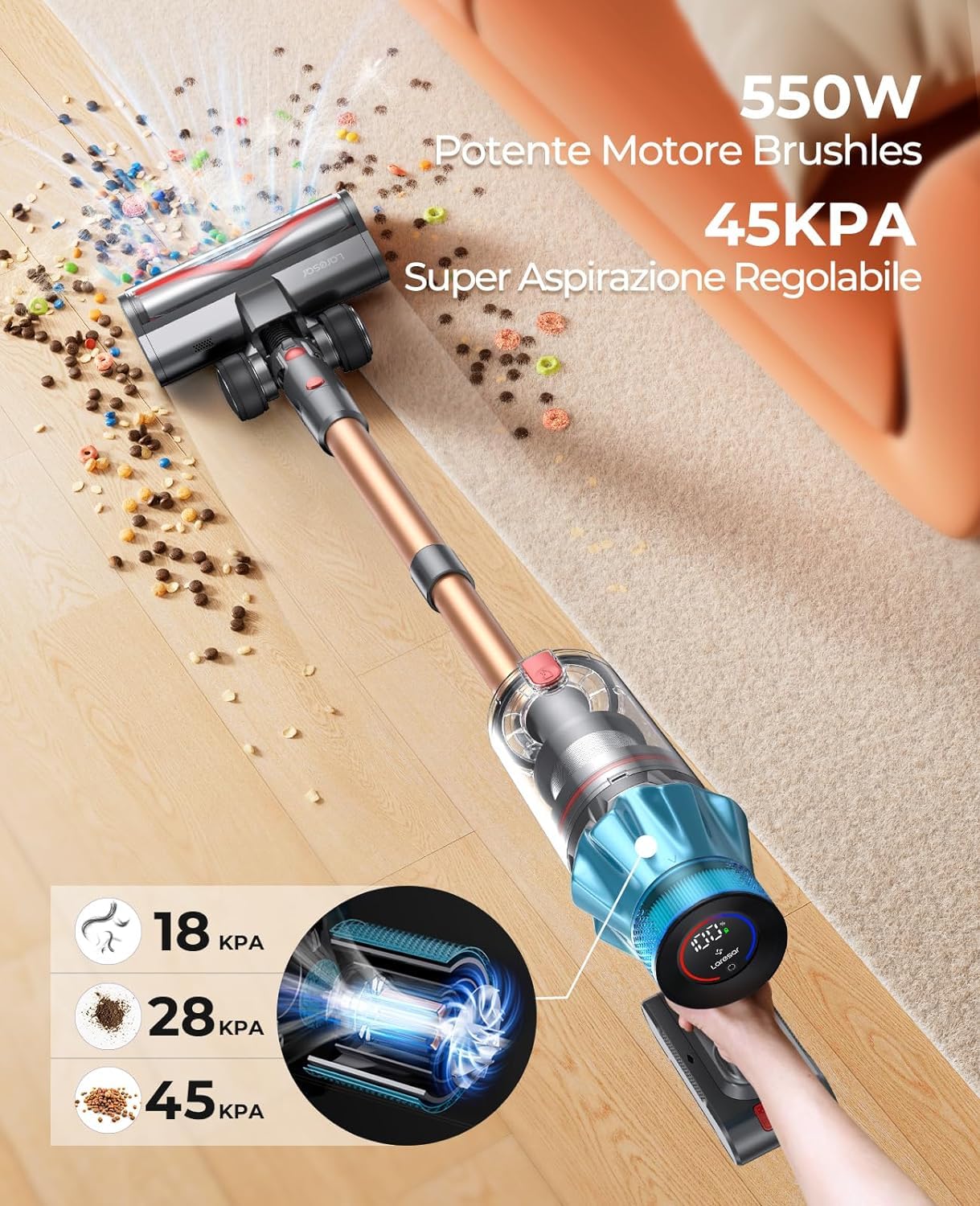 Laresar Ultra 7 Cordless Vacuum Cleaner 550W/45Kpa Stick Vacuum Cleaner with Touch Screen, Up to 60 Mins Runtime, Lightweight Handheld Vacuums for Hardwood Floor Carpet Car Pet Hair, Black
