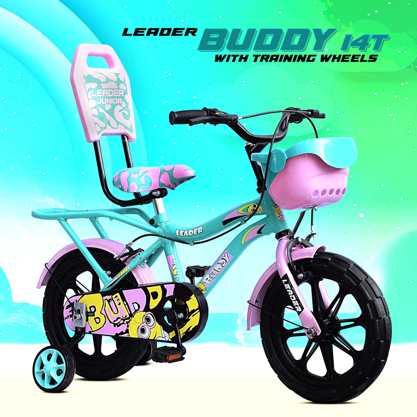Leader Buddy Kids Cycle 14T with Training Wheels (SEMI-Assembled) for Boys and Girls Ideal for Age Group 2-5 Years | Frame: 8 Inches (14T, Sea Green_Light Pink)