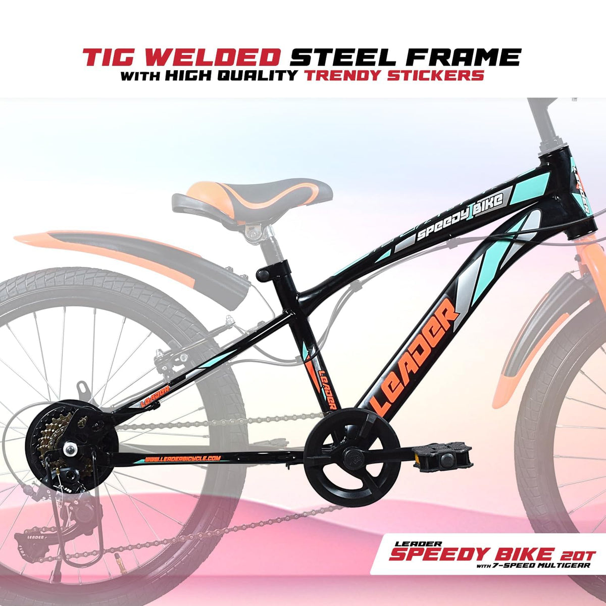 Leader Speedy Bike 20T 7 Speed Kids Cycle | Frame Size 12 Inch | Gear Cycle for Boys & Girls of Ages 7 to 10 Yrs - Black/Orange, Front Suspension