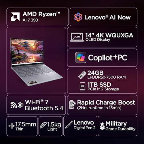 Lenovo IdeaPad 5 2-in-1 AMD Ryzen AI 7 350 (24GB RAM/1TB SSD/14 (35.5cm)/WUXGA OLED/Windows 11 AI Now/Copilot+PC/Office Home 2024/Digital Pen 2/Grey/1.5Kg), 83KT000LIN Convertible Laptop