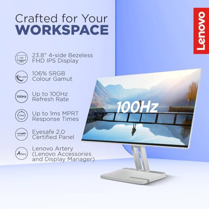 Lenovo L-Series 24 inch (60.45cm) FHD IPS Monitor| 100Hz, 1ms, FreeSync, 99% sRGB, 3Wx2 Speakers, 1x HDMI 1.4, 1x VGA, Tilt, Smart Display Customization Artery Cloud Grey, L24i-4A
