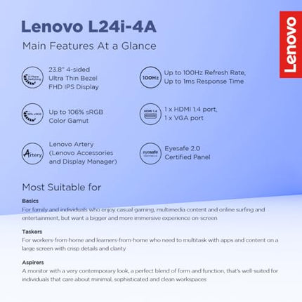 Lenovo L-Series 24 inch (60.45cm) FHD IPS Monitor| 100Hz, 1ms, FreeSync, 99% sRGB, 3Wx2 Speakers, 1x HDMI 1.4, 1x VGA, Tilt, Smart Display Customization Artery Cloud Grey, L24i-4A