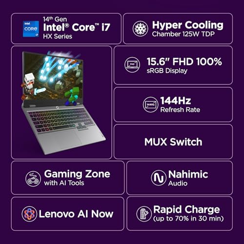 Lenovo LOQ, Intel Core i7 14th Gen 14700HX, NVIDIA RTX 5060 8GB, 16GB RAM, 1TB SSD, 15.6"(39.6cm), 144Hz, Windows 11, Office 2024, Grey, 2.4Kg, 83JE00U5IN, 572 AI Tops, 3 Mon. Game Pass Gaming Laptop