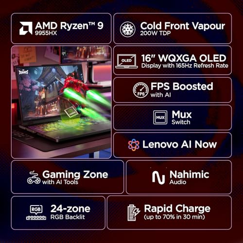 Lenovo Legion Pro 5 2025 AMD Ryzen 9 9955HX | NVIDIA RTX 5060 8GB (32GB RAM/1TB SSD/WQXGA OLED/165Hz/16 (40.6cm)/Windows 11/Office 2024+AI Now/Black/2.3Kg), 83F20037IN AI Powered Gaming Laptop