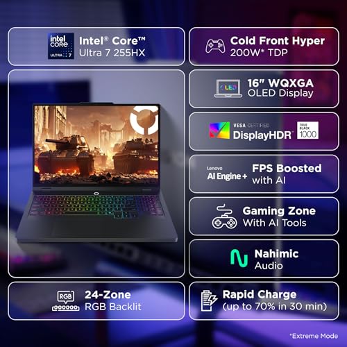 Lenovo Legion Pro 5 2025 Intel Core Ultra 7 255HX | NVIDIA RTX 5060 8GB (32GB RAM/1TB SSD/WQXGA OLED/165Hz/16 (40.6cm)/Windows 11/Office 2024+AI Now/Black/2.4Kg), 83F3007CIN AI Powered Gaming Laptop