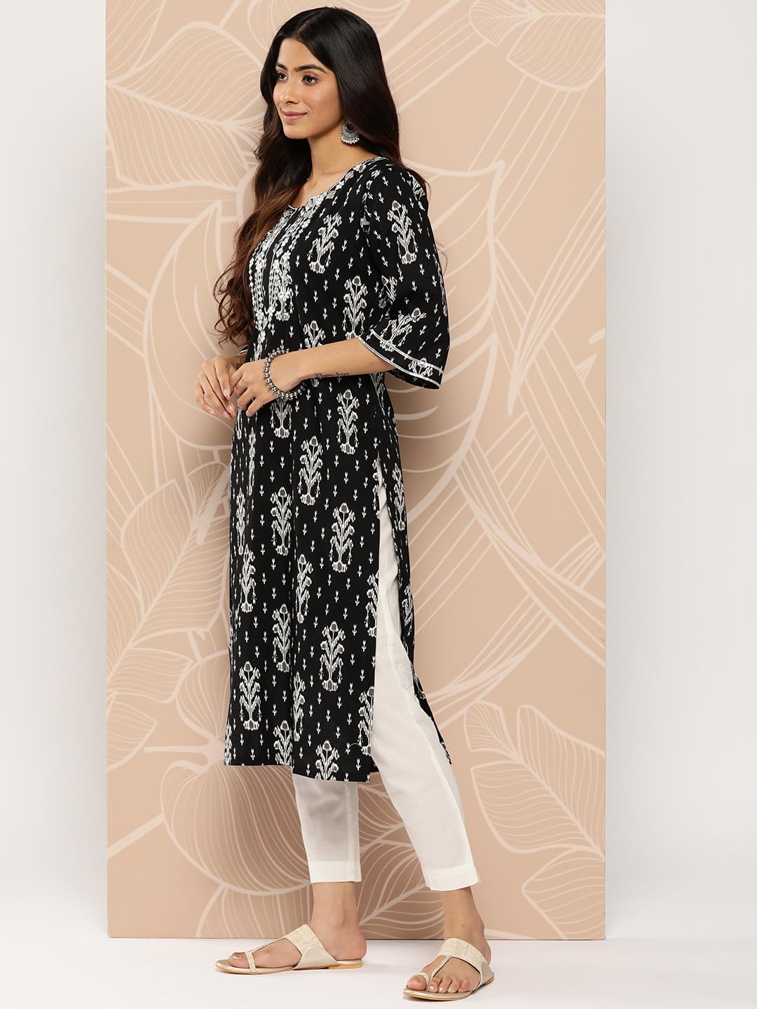 Libas Women's Cotton Embellished Straight Kurta (26185_Black