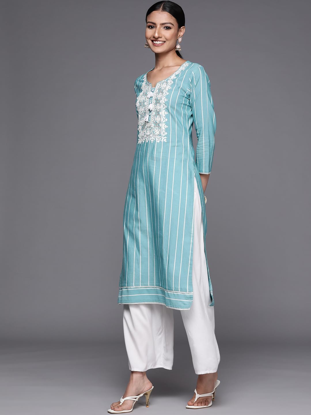Libas Women's Cotton Yoke Design Straight Kurta (23637O_Blue