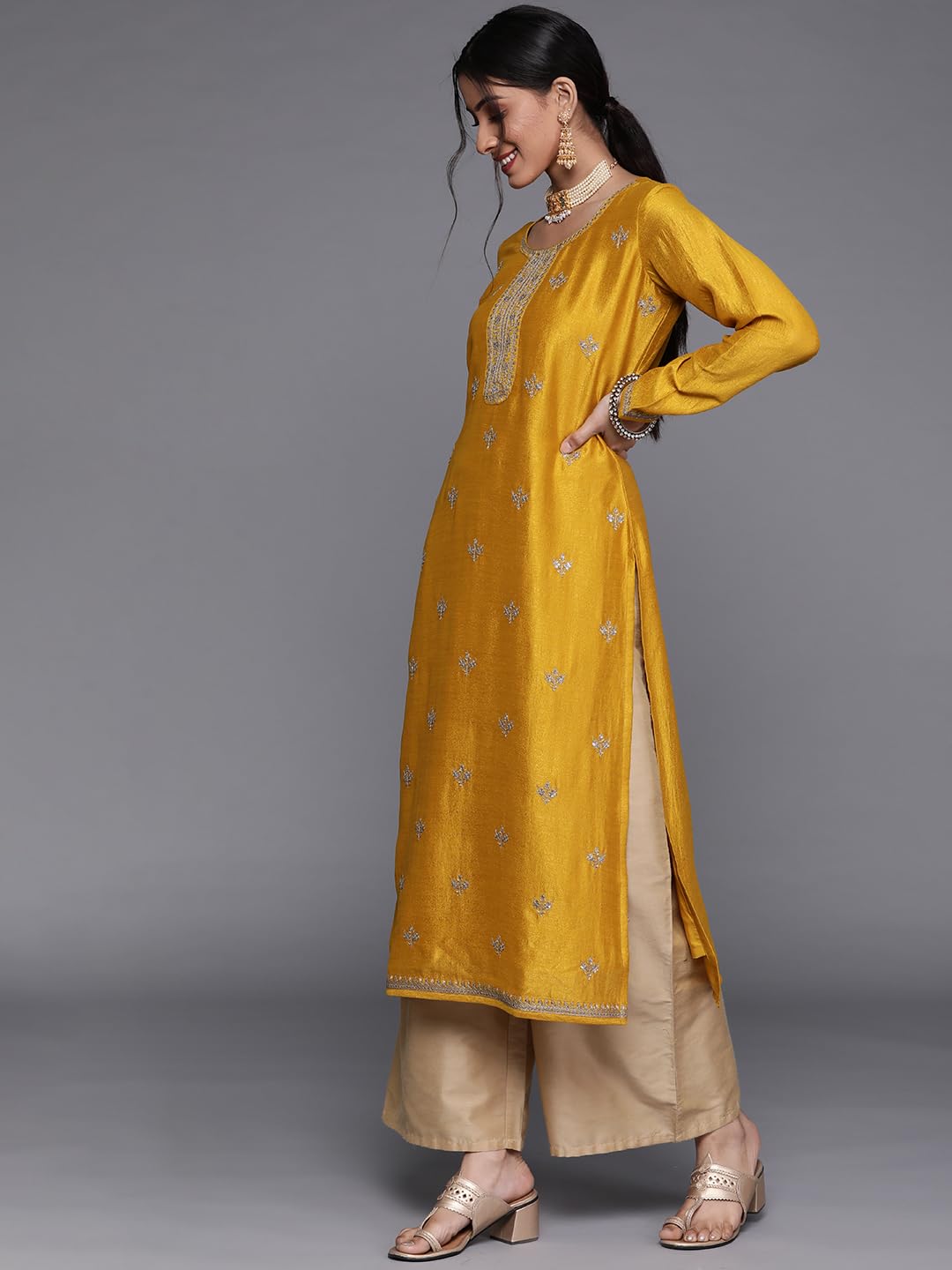 Libas Women's Silk Embellished Straight Kurta (23491O_Yellow