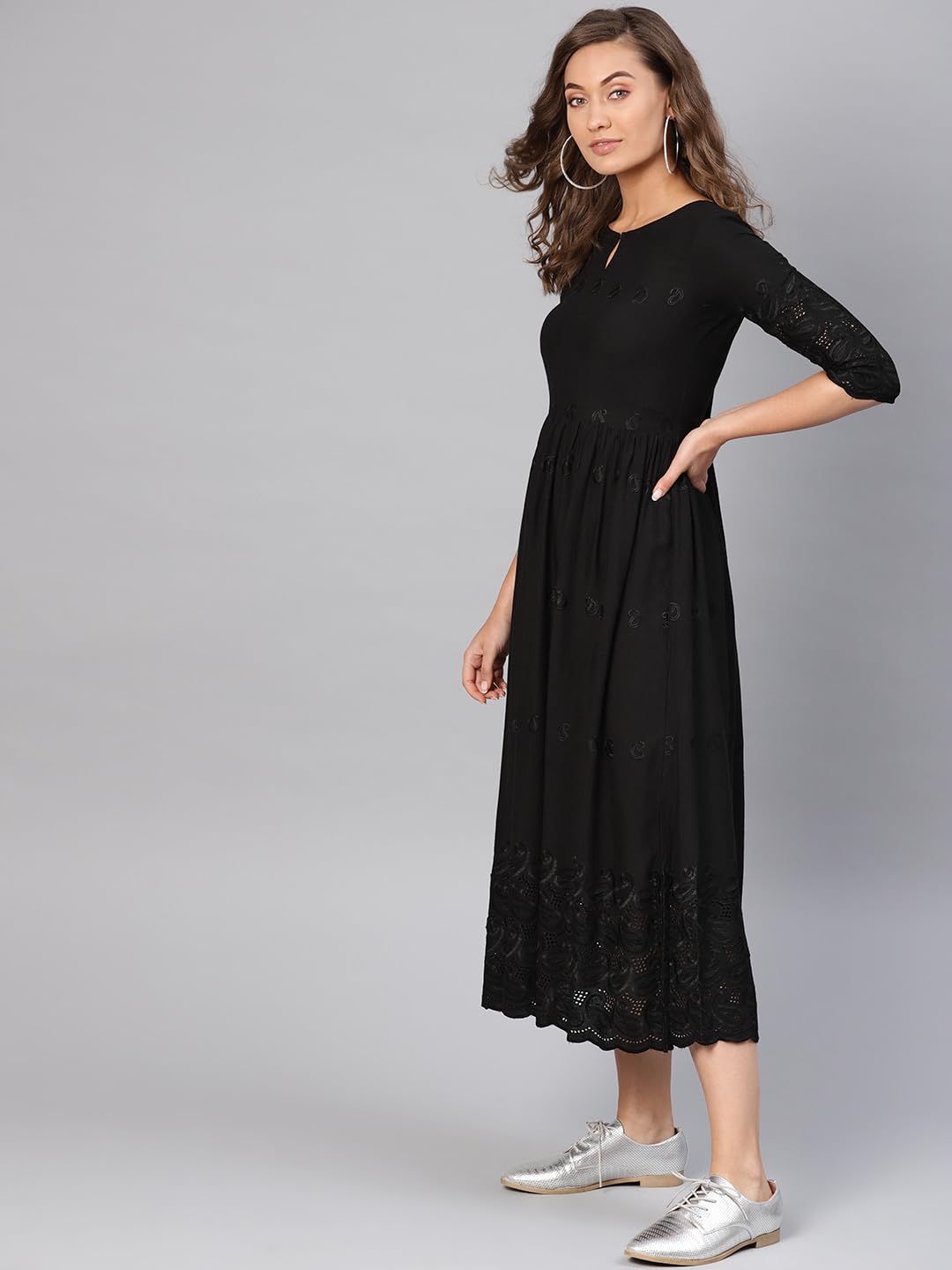 Libas Women's Viscose Rayon A-Line Long Casual Dress (8404MJ_Black