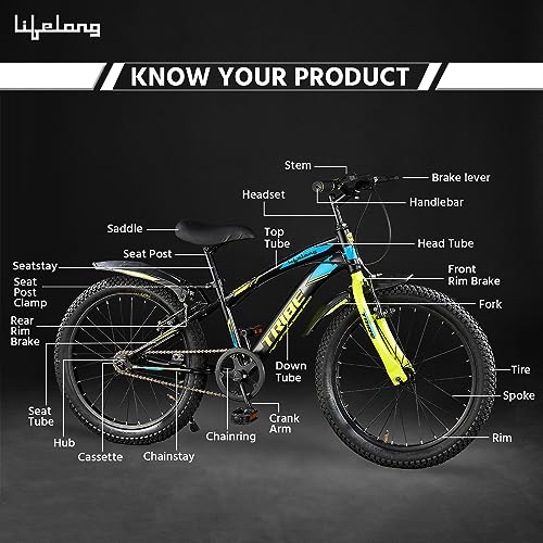 Lifelong 20T Cycle for Kids 5 to 8 Years - Bike for Boys and Girls - 85% Pre-Assembled, Frame Size: 12" - Suitable for Children 3 Feet 10 Inch+ Height - Unisex Cycle (Tribe, Yellow & Black),Rigid