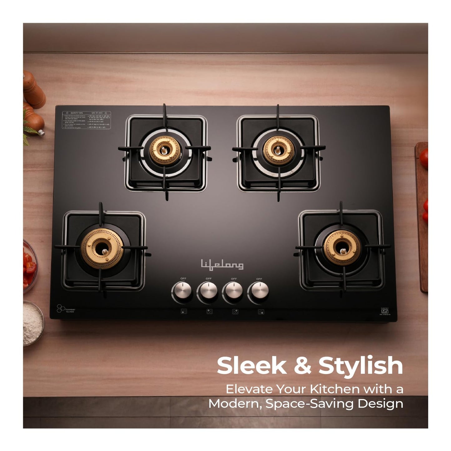 Lifelong 4 Gas Burner Tops - 4 Burners Hob Top Gas Stove with Automatic Ignition - Toughened Glass Top Gas Stoves for Home & Kitchen - Automatic Gas Stove for Modular Kitchen (LLHT008)