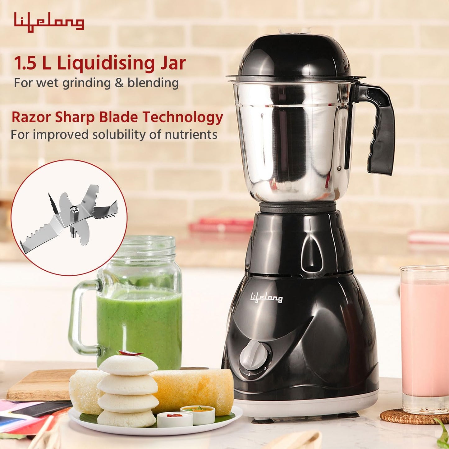 Lifelong Mixer Grinder for Kitchen - 3 Jars 500 Watt Mixie - Chutney Jar, Dry Grinder Jar & Liquidizing Jar used as Wet Grinder & Blender for Milkshake, Smoothie, Puree -Stainless Steel Blades(LLMG23)