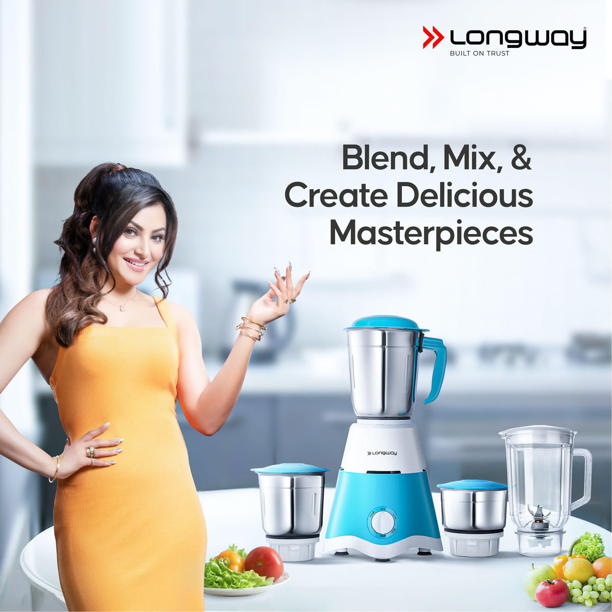 Longway Super Dlx 750 Watt Juicer Mixer Grinder with 4 Jars for Grinding, Mixing, Juicing with Powerful Motor | 2 Years Warranty | (White & Blue, 4 Jars)